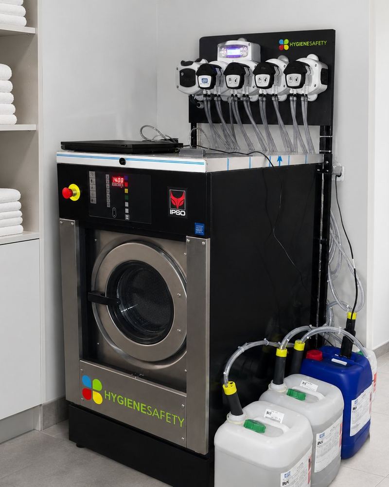 Gewerbliche Waschmaschine mit HygieneSafety-Dosieranlage und Großgebinden in hellem Hauswirtschaftsraum
